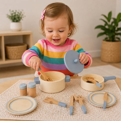 Toy wooden kitchen utensils