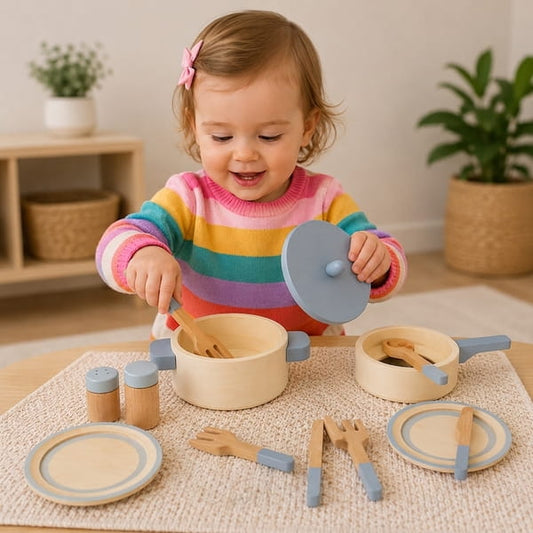 Toy wooden kitchen utensils