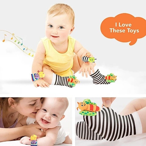 Rattling Sensory Plush Wristbands and Socks for Babies 4PC Set | JinglePlush™️